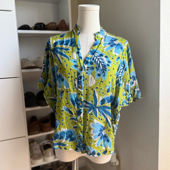 Anthropologie Green and Blue Vera Valley Flutter Short Sleeve Button Up Blouse - Picture 10 of 15